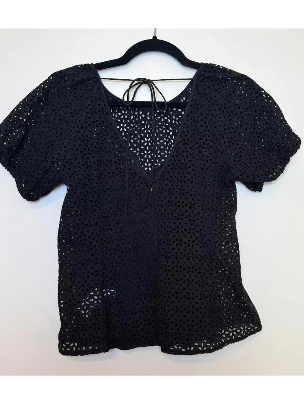 J.Crew Re-Imagined Black Eyelet Puff Sleeve Blouse - Size 2